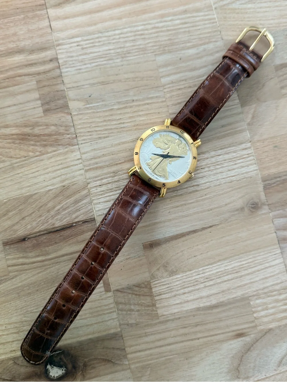 Brittania 1940 Walking Liberty Coin Watch Two-Tone Dial Gold Case Leather Strap